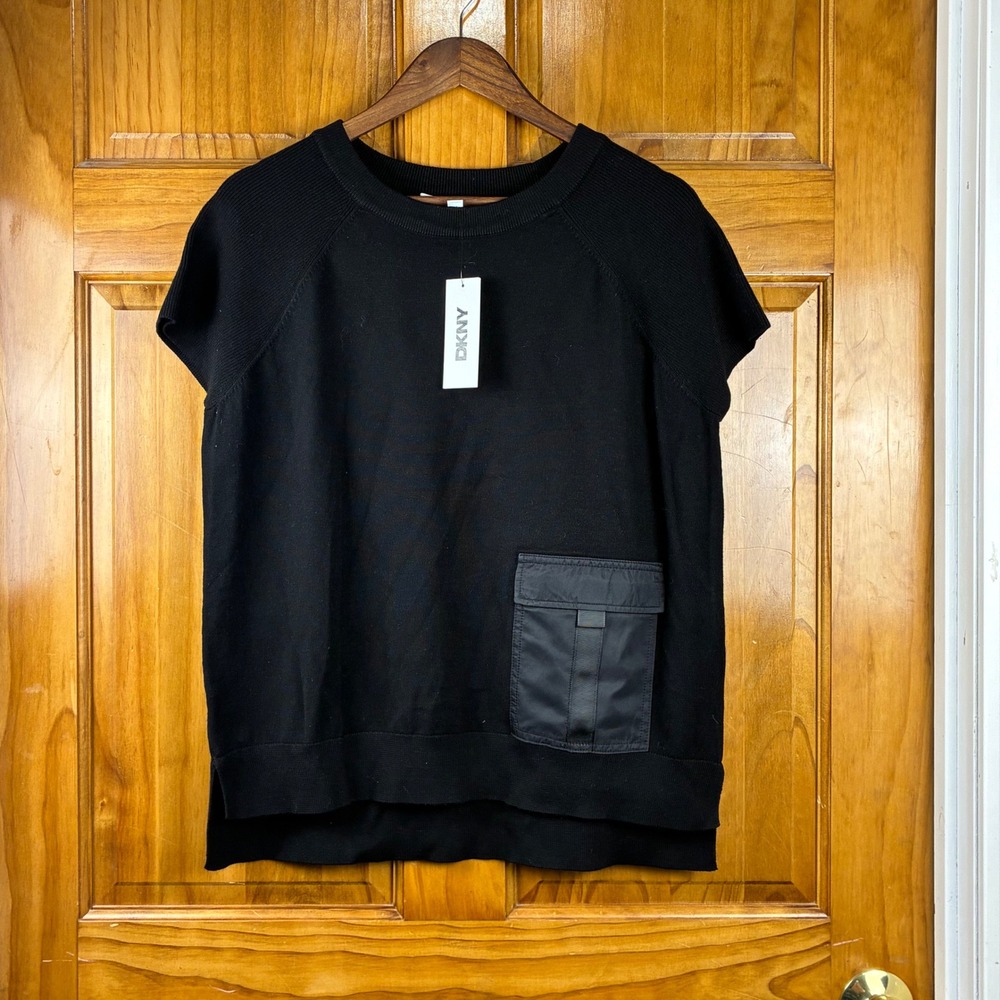 NWT DKNY Womens Black Ribbed Short Sleeve Knit Sweater Cargo Pocket Top Large